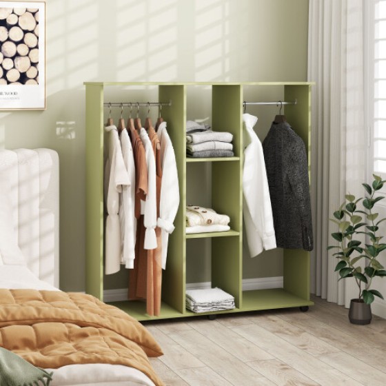This green open wardrobe storage rack features a double-layer design, six wheels for easy movement, and two shelves for storing clothes and accessories.